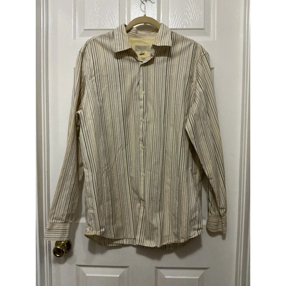 Banana Republic Men Classic Fit Long Sleeve‎ Shirt Stripe LARGE Neutral Tones